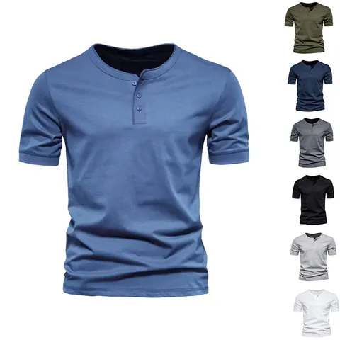 Ανδρικό T-Shirt Henley Slim Fit Κοντό Μανίκι με Κουμπιά Στρογγυλή Λαιμόκοψη Μονόχρωμο Καλοκαιρινό Πλεκτό Τοπ από Πολυεστέρα