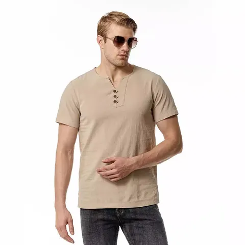 Men's Casual Linen Cotton Blend Henley T-Shirt V Neck Short Sleeve Breathable Solid Color Summer Beach Top Fashion Apparel