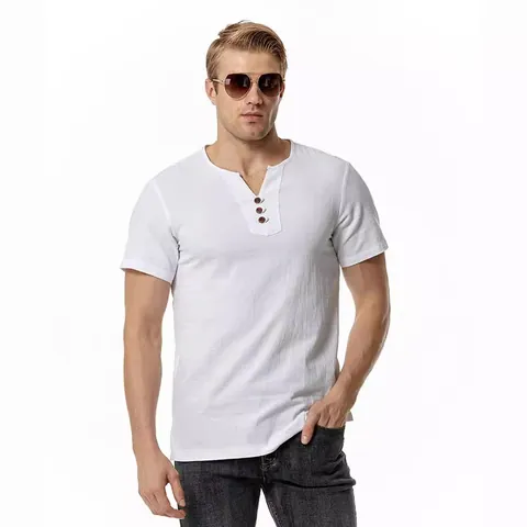 Men's Casual Linen Cotton Blend Henley T-Shirt V Neck Short Sleeve Breathable Solid Color Summer Beach Top Fashion Apparel