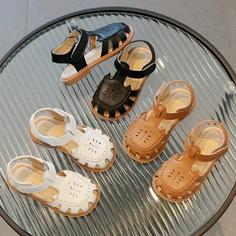 Sandalias para Niñas Pequeñas Suela Blanda Cuero PU Hueco Zapatos de Playa Princesa Velcro Antideslizante Calzado Casual Niños