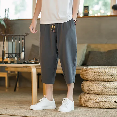 Men Chinese Style Linen Harem Pants Capri Casual Loose Summer Retro Breathable Tassel Drawstring Bottoms