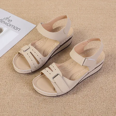 Women Open Toe Platform Sandals Casual Hook And Loop Wedge Heel Ankle Strap Cutout Solid Color Summer Non Slip Comfort PU Sandals