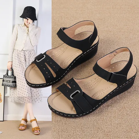 Women Open Toe Platform Sandals Casual Hook And Loop Wedge Heel Ankle Strap Cutout Solid Color Summer Non Slip Comfort PU Sandals
