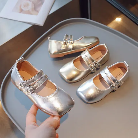 Mädchen Metallic Mary Jane Schuhe Prinzessin Eckige Zehenpartie Doppelter Schnallenriemen Formelle Party Performance Schuhe Gold Silber Kunstleder