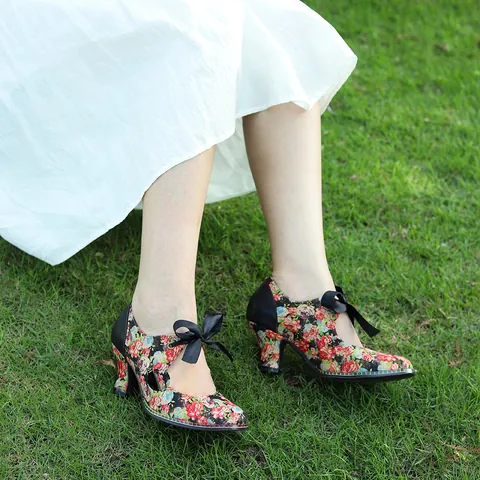 Vintage American Pastoral Floral Satin High Heels Bow Ribbon Mary Jane Pumps Women Elegant Printed Wedding Party Dress Shoes