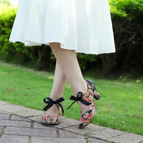 Vintage American Pastoral Floral Satin High Heels Bow Ribbon Mary Jane Pumps Women Elegant Printed Wedding Party Dress Shoes