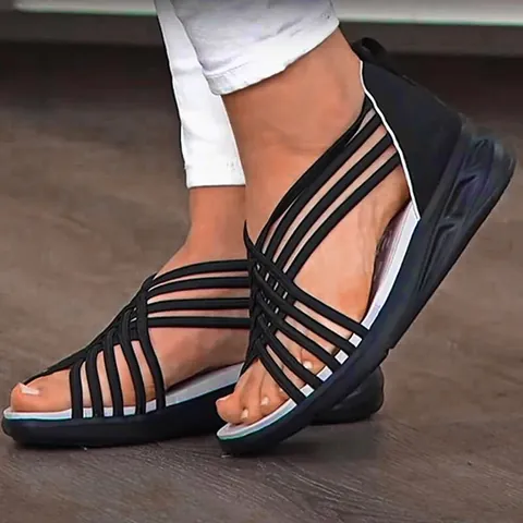Women's Summer Platform Sandals Hollow-out Criss-cross Rivet Buckle Roman Beach Sandals Round Toe Casual Wedge Shoes