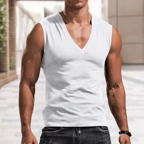 Men's V-Neck Tank Top Polyester Spandex Slim Fit Sleeveless T-Shirt Breathable Casual Summer Vest Solid Color Simple Top