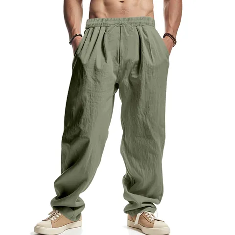 Herren Casual Leinenmischung Hose Locker Gerade Weites Bein Tunnelzug Elastische Taille Smart Casual Einfarbige Strandhose