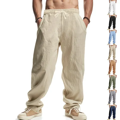 Men's Casual Linen Blend Trousers Summer Thin Solid Color Loose Fit Straight Leg Drawstring Beach Pants Bottom