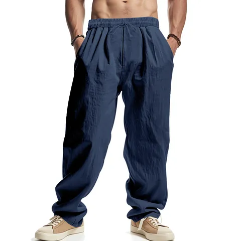 Men's Casual Linen Blend Trousers Summer Thin Solid Color Loose Fit Straight Leg Drawstring Beach Pants Bottom