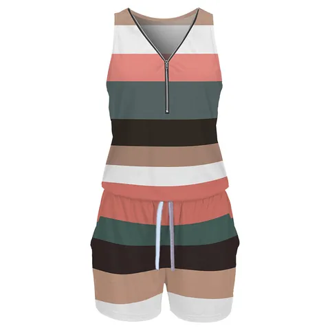 Women's V-Neck Zipper Striped Jumpsuit Sleeveless Drawstring Romper Casual Summer Beach Playsuit Short Overalls