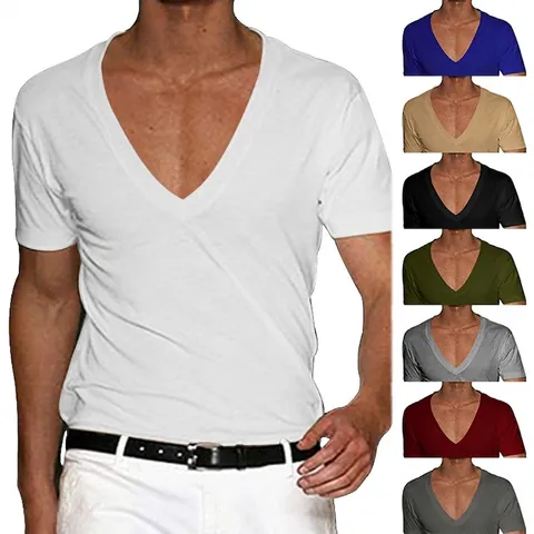 T-Shirt Homme Décontracté Coupe Slim Col en V Tricot Sergé Couleur Unie Manches Courtes Été Polyester Top