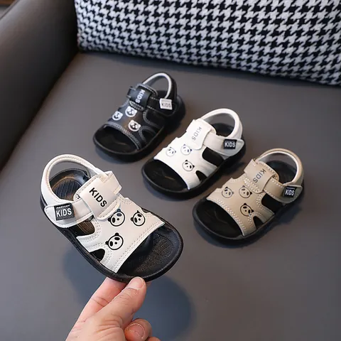 Toddler Kids Cartoon Panda Print Sandals Boys Girls Soft Sole Anti-slip Beach Shoes Summer Outdoor Hook Loop Sandals