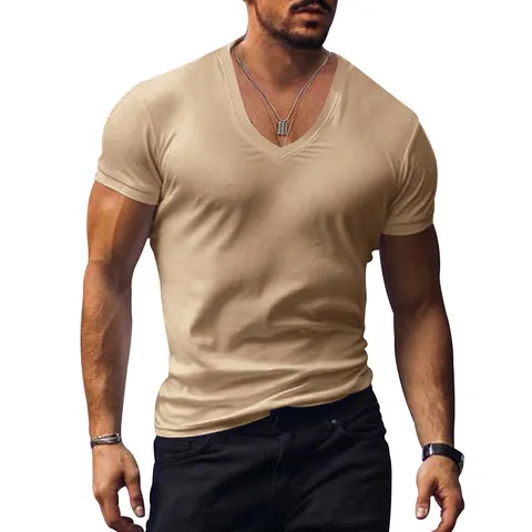 Camiseta de Hombre Slim Fit Cuello en V Manga Corta Casual Color Sólido Transpirable Mezcla Poliéster Algodón Top Verano