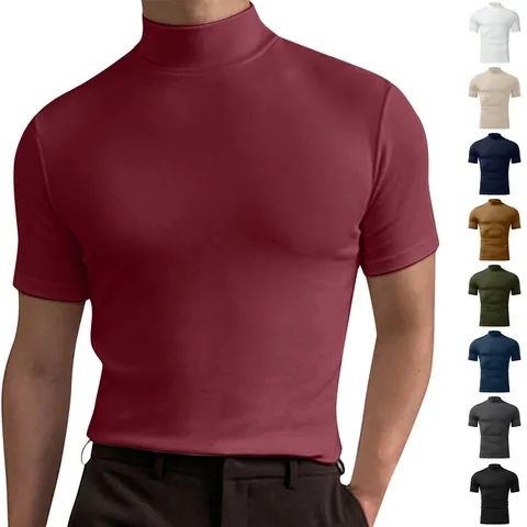 Camiseta de Hombre de Cuello Alto Manga Corta Color Sólido Corte Ajustado Pullover de Poliéster Top Básico Casual