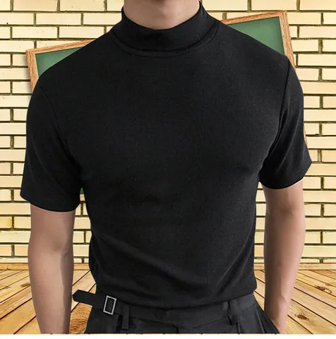 Men's Solid Color Polyester T-Shirt Mock Neck Short Sleeve Slim Fit Top Breathable Casual Base Layer Underwear Shirt