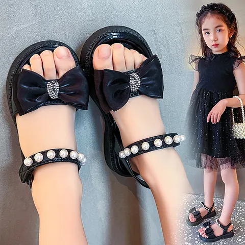 Mädchen Prinzessin Sandalen Perle Schleife Strass Sommer Weiche Sohle PVC Kinder Outdoor Römische Kleiderschuhe