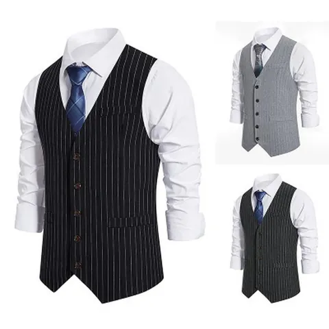 Men Vintage Pinstripe Suit Vest Single Breasted V Neck Casual Waistcoat Slim Fit Cotton Blend Vest With Adjustable Back