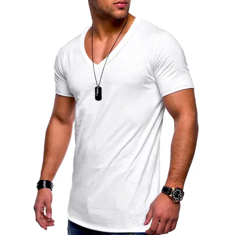 Men's V-Neck Short Sleeve T-Shirt Casual Slim Fit Solid Color Polyester Basic Tee Top For Summer Daily Wear
