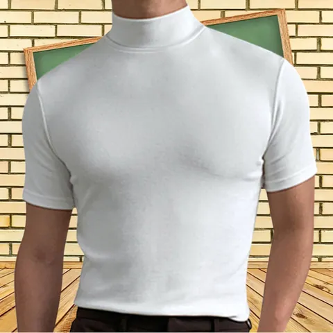 Camiseta de Hombre de Cuello Alto Manga Corta Color Sólido Corte Ajustado Pullover de Poliéster Top Básico Casual