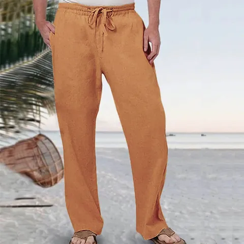 Men's Casual Linen Pants Summer Loose Drawstring Elastic Waist Breathable Straight Leg Solid Color Hip Hop Sports Bottom