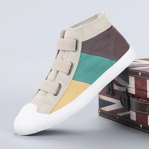 Women High Top Canvas Shoes Color Blocked Hook And Loop Breathable Vulcanized Rubber Sole Casual Board Shoes Sneakers