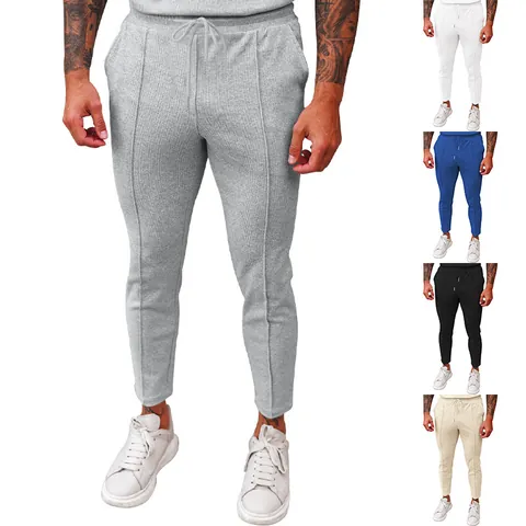 Men Waffle Knit Casual Pants Tapered Drawstring Elastic Waist Trousers Lightweight Breathable Cotton Blend Joggers Solid Color Pocket Bottoms