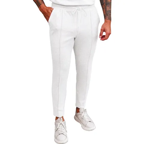 Men Waffle Knit Casual Pants Tapered Drawstring Elastic Waist Trousers Lightweight Breathable Cotton Blend Joggers Solid Color Pocket Bottoms