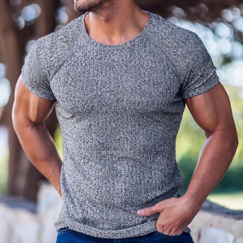 Men's Muscle Fit Ribbed T-Shirt Short Sleeve Round Neck Slim Fit Fitness Gym Top Casual Ribbed Knit Tee For Summer Sports