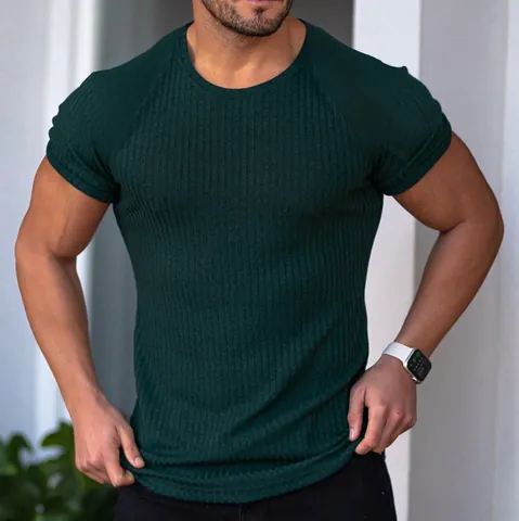 Men's Muscle Fit Ribbed T-Shirt Short Sleeve Round Neck Slim Fit Fitness Gym Top Casual Ribbed Knit Tee For Summer Sports