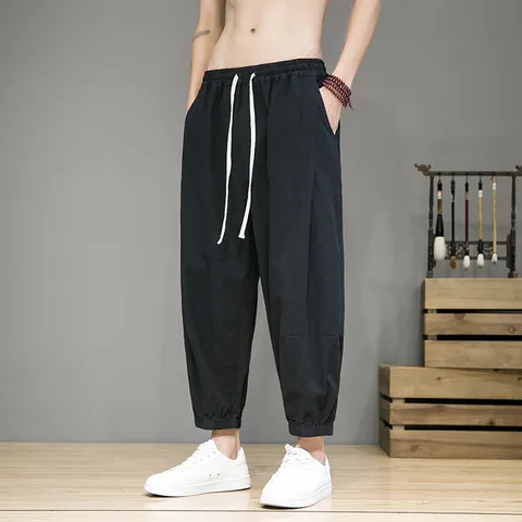 Men Chinese Style Linen Cropped Lantern Pants Loose Fit Casual Drawstring Harem Beach Trousers Summer Breathable Bottoms