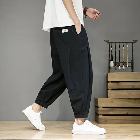 Men Chinese Style Linen Cropped Lantern Pants Loose Fit Casual Drawstring Harem Beach Trousers Summer Breathable Bottoms