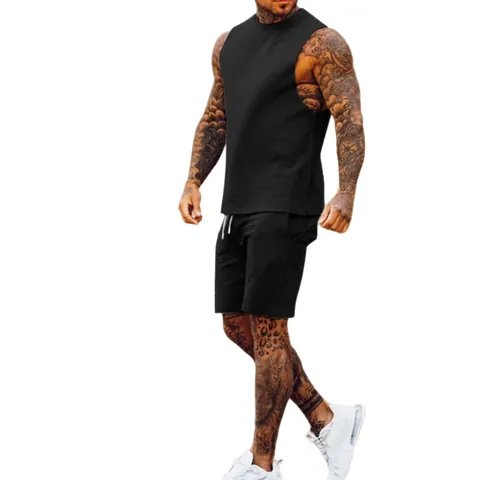 Men Summer Athletic Set Sleeveless Tank Top And Drawstring Shorts Two Piece Casual Sportswear Outfit For Gym Outdoor Running Polyester Training Wear