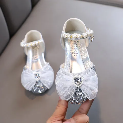 Girls Sequin Princess Shoes With Large Lace Bow Heart Rhinestone Embellishment Kids Artificial Pearl Mary Jane Flat Shoes For Performance Wedding Party Dancing