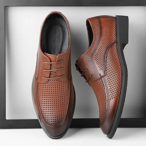 Herren Sommer Ausgehöhlt Business Formelle Lederschuhe Schnürung Perforiert Atmungsaktiv Dress Shoes Regeneriertes Leder Spitze Zehe Oxford Schuhe