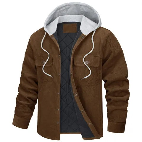 Men Corduroy Hooded Padded Jacket Winter Thick Warm Quilted Coat Multi-pocket Workwear Style Outerwear Top For Men