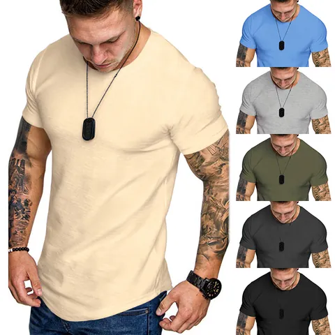 T-Shirt Homme Manches Courtes Coupe Slim Col Rond Mélange de Coton Été Sport Décontracté Uni Ourlet Arrondi Respirant