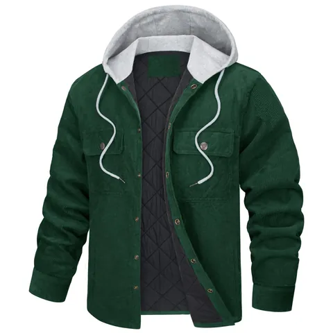 Men Corduroy Hooded Padded Jacket Winter Thick Warm Quilted Coat Multi-pocket Workwear Style Outerwear Top For Men