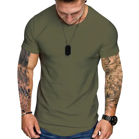 T-Shirt Homme Manches Courtes Coupe Slim Col Rond Mélange de Coton Été Sport Décontracté Uni Ourlet Arrondi Respirant