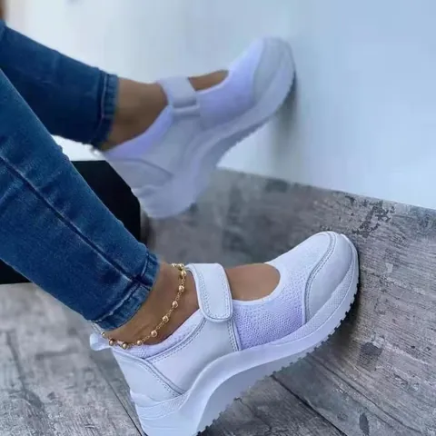 Zapatillas Informales Flyknit para Mujer Estilo Mary Jane Plataforma Zapatos Deportivos Planos Transpirables con Cierre de Contacto