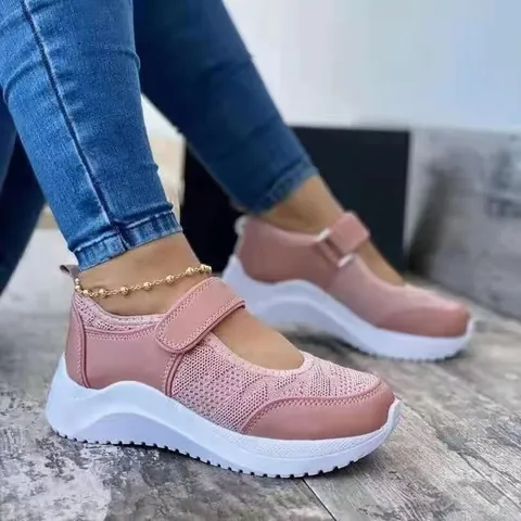 Zapatillas Informales Flyknit para Mujer Estilo Mary Jane Plataforma Zapatos Deportivos Planos Transpirables con Cierre de Contacto