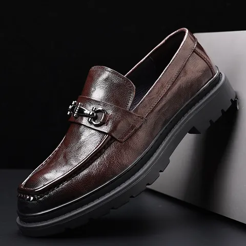 Mocasines Casuales de Negocios para Hombre Piel de Oveja Primera Capa Suela Gruesa Antideslizante Transpirable Hebilla de Metal Zapatos Formales de Cuero