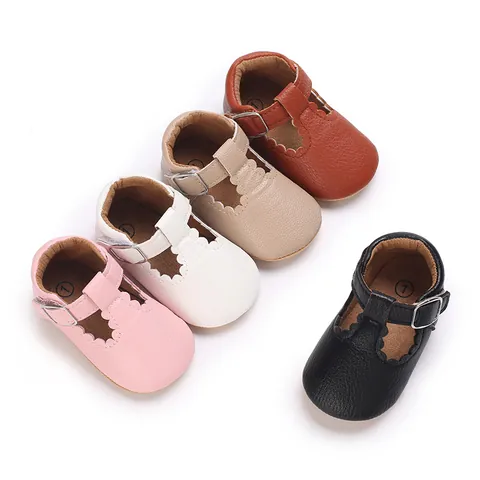 Baby Girls Mary Jane Princess Shoes Artificial PU T-Strap Scalloped Edges Soft Rubber Sole Anti-Slip Toddler First Walker Flats