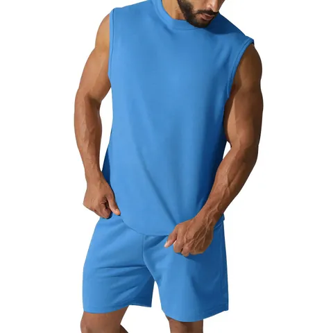 Men Summer Sleeveless Sports Top And Bottom Polyester Printed Solid Color Gym Running Tank Top And Shorts Activewear Outfit