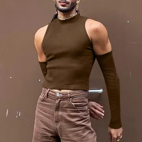 Maglietta Sexy in Maglia a Costine da Uomo Tinta Unita Collo Alto Spalle Scoperte Manica Lunga Vestibilità Slim
