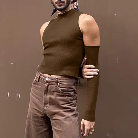 Maglietta Sexy in Maglia a Costine da Uomo Tinta Unita Collo Alto Spalle Scoperte Manica Lunga Vestibilità Slim