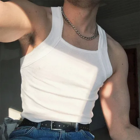 Canotta da Uomo Sexy Slim Fit Scollo Quadrato a Costine Senza Maniche Muscle Tee Casual Tinta Unita Poliestere Top Estivo