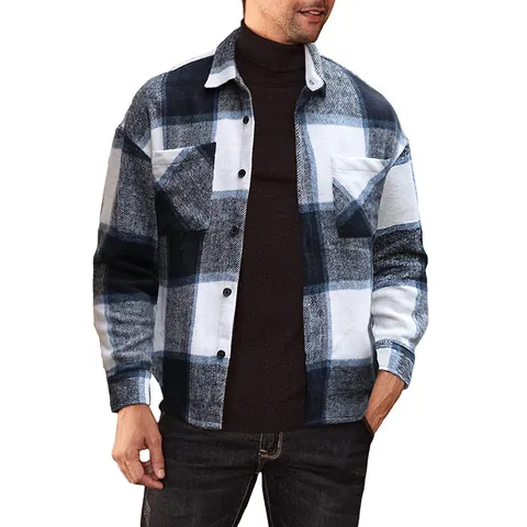 Men Plaid Flannel Shirt Long Sleeve Casual Loose Fit Button Down Brushed Polyester Shacket Top For Autumn Winter Men Apparel