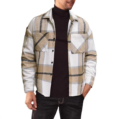 Men Plaid Flannel Shirt Long Sleeve Casual Loose Fit Button Down Brushed Polyester Shacket Top For Autumn Winter Men Apparel